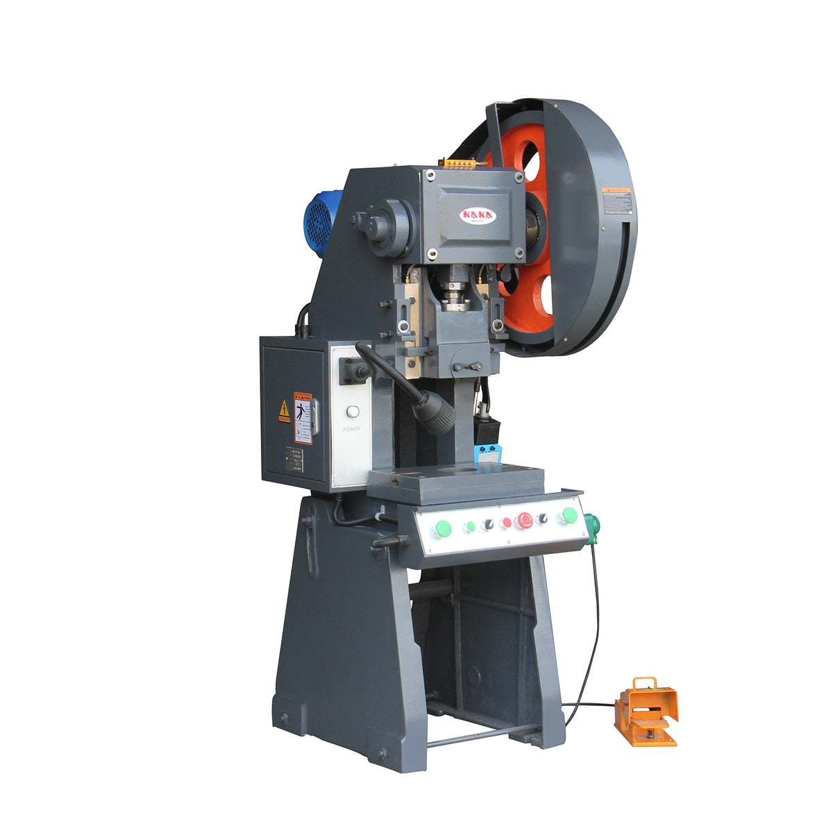 10-Ton inclinable mechanical punch press left-angle view showing cast iron flywheel, motor, and orange foot pedal, model JB23-10