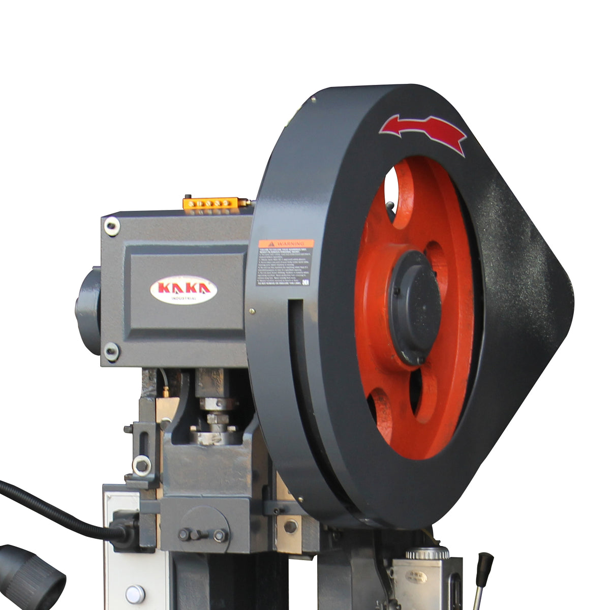 10-Ton punch press cast iron flywheel with orange center and black rotation guard, storing energy for consistent strokes, model JB23-10