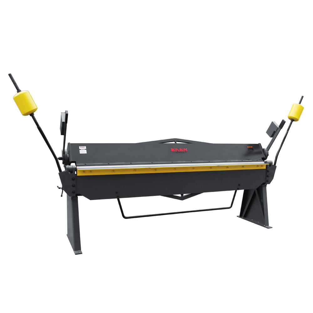 100-Inch 12-gauge heavy-duty metal brake left angle view, equipped with yellow balanced hammer arms and stop rod, model W-10012