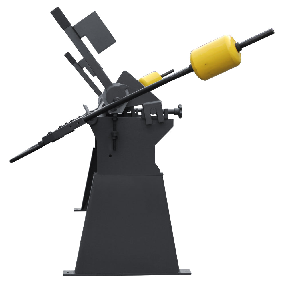 Side profile of a 100-inch manual sheet metal hand brake, featuring yellow counterweight arms and operating levers, model W-10012