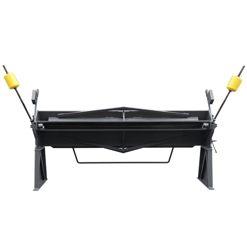 Rear top view of a 100-inch straight sheet metal hand brake, revealing precision-aligned bed and cam action levers, model W-10012