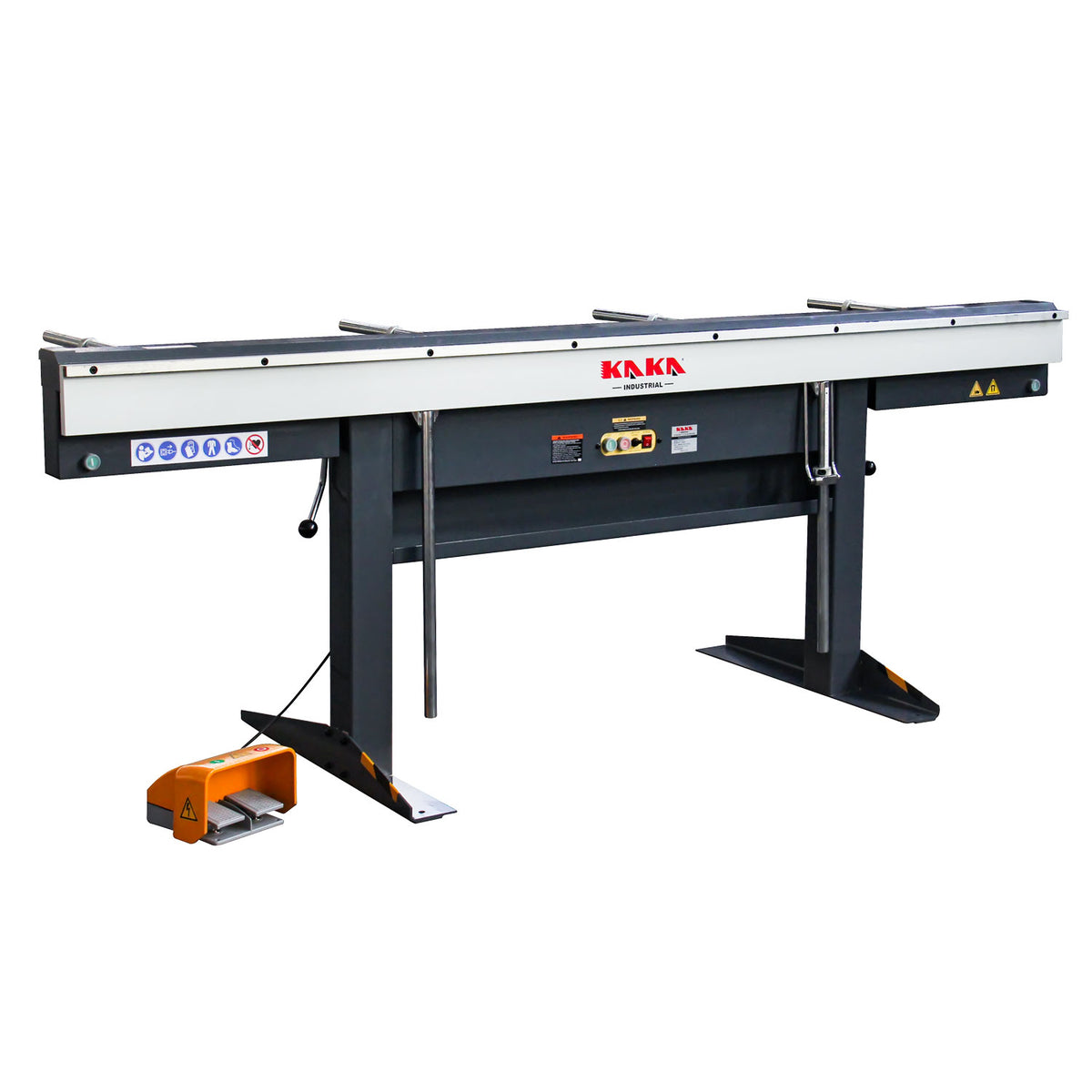 98-inch sheet metal brake left angle view showing 12 ton magnetic clamping system and stand, EB-9816