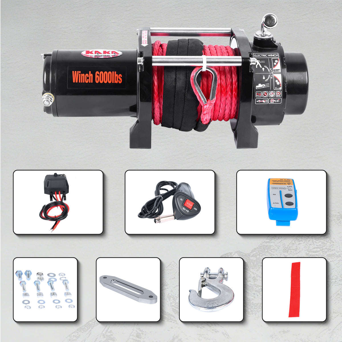 6000LB 12V Electric Winch with Red Synthetic Rope, 0.28Inch x 55.8Ft, 2.8kW Motor, 170:1 Gear Ratio, Wireless Remote, for 4x4 Off-Road Truck Jeep SUV Recovery ATW-6000S