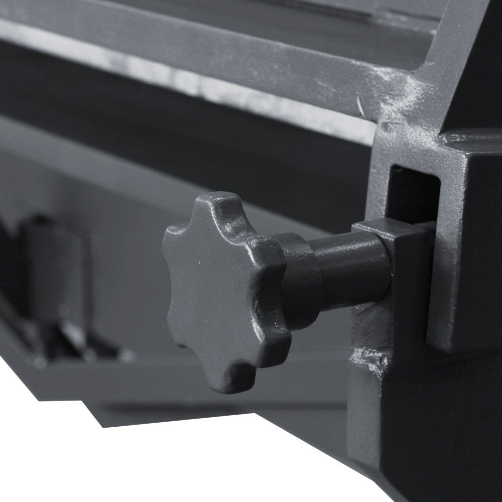 sheet metal brake adjustment knob close-up, used for precise bend radius and finger setback adjustments W-10012A