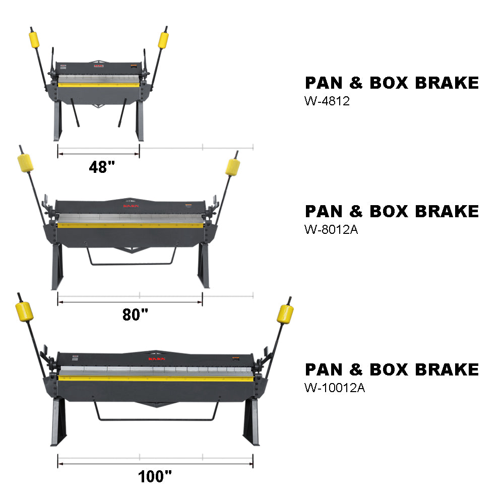 Box and Pan Brake size comparison chart showing 48-inch, 80-inch, and 100-inch floor models W-10012A