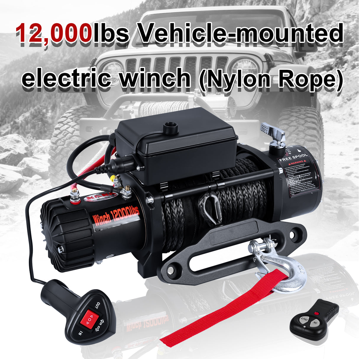 12000LB 12V Synthetic Rope Winch, 0.4Inch x 85Ft Red Winch Line, 3.2kW Motor, 265:1 Gear Ratio, Wireless Remote, for 4x4 Truck Jeep UTV Off-Road Recovery CW-12000N