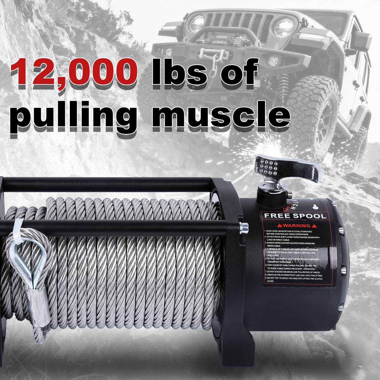12000LB 12V Electric Winch, 4WD Recovery Winch with 0.4Inch x 85Ft Steel Wire Rope, 3.2kW Motor, 265:1 Gear Ratio, Automatic Brake, for Off-Road Truck Jeep SUV Recovery CW-12000S