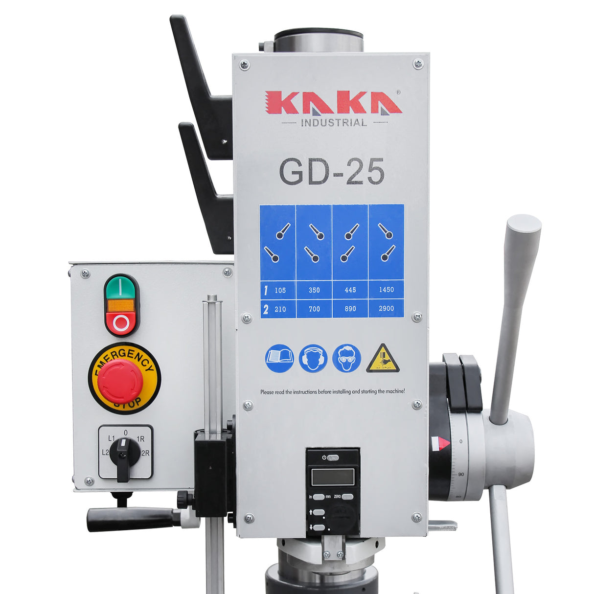 Floor Drill Pres,Swing 20 in, Max Drilling 0.98-Inch in Steel, 0.9kW 220V 3-Phase Gear Head, 8-Speed (130-3200 RPM), Cast Iron Construction, MT3 Taper Spindle, DRO Depth Control GD-25