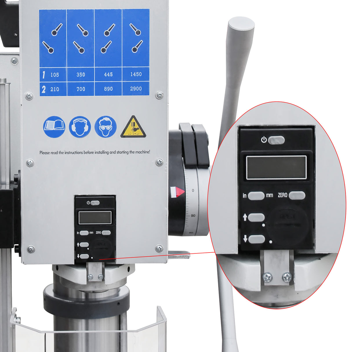 Floor Drill Pres,Swing 20 in, Max Drilling 0.98-Inch in Steel, 0.9kW 220V 3-Phase Gear Head, 8-Speed (130-3200 RPM), Cast Iron Construction, MT3 Taper Spindle, DRO Depth Control GD-25