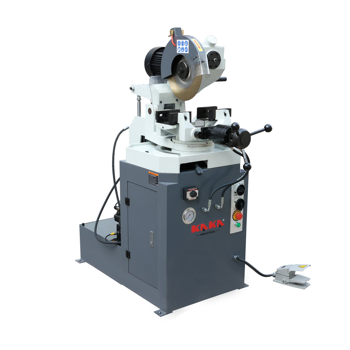 KAKA INDUSTRIAL Hydraulic Circular Cold Saw, 12.4 inch Semi-Automatic Metal Cutting Saw with Foot Pedal Control PDS-12H for Steel and Aluminum, Double Vise and Coolant System