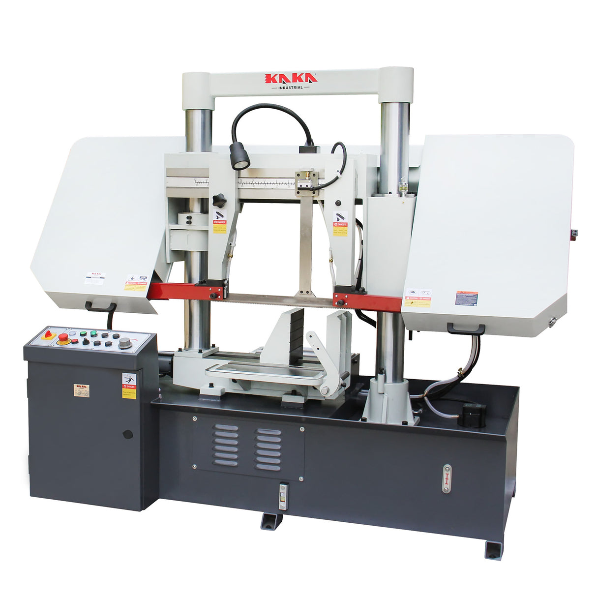 Kaka Industrial TGK-16 Double column horizontal band saw, Max cutting capacity 15.7 inch, vertical lifting, high stability. Cutting speed adopts hydraulic control, 230V 60HZ 3PH