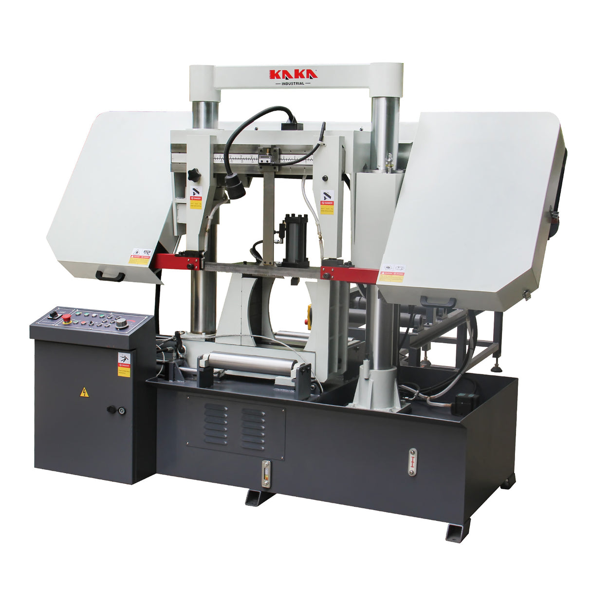 Kaka Industrial TGK-16A Double column horizontal band saw, Max cutting capacity 15.7 inch, vertical lifting, high stability. Cutting speed adopts hydraulic control, 230V 60HZ 3PH