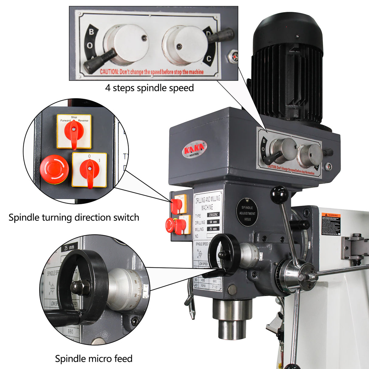 KAKA Industrial ZX-5325C Drilling and milling machine 230V460V-60HZ-3PH Main Moto power 1.5KW Gear Head Auto Feed Table Drilling and milling machine with 3 Axis DRO