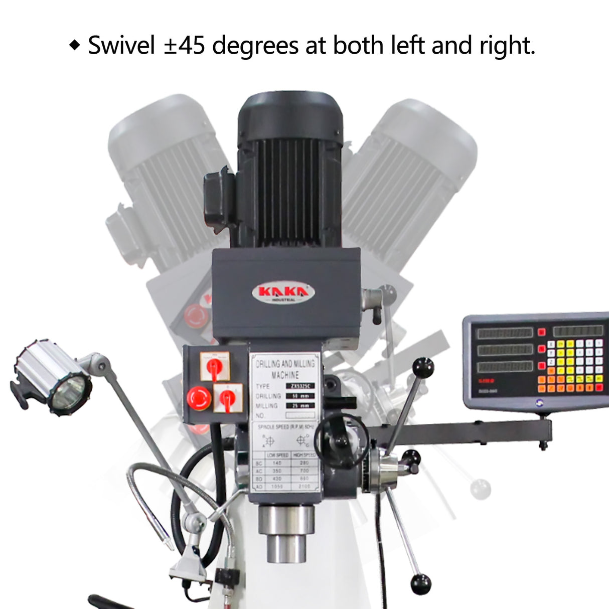 KAKA Industrial ZX-5325C Drilling and milling machine 230V460V-60HZ-3PH Main Moto power 1.5KW Gear Head Auto Feed Table Drilling and milling machine with 3 Axis DRO