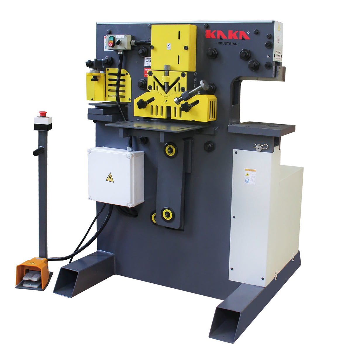 KAKA INDUSTRIAL M-60 60-Ton metal shear and punch ironworker right-angle view, a space-saving design for versatile workshop