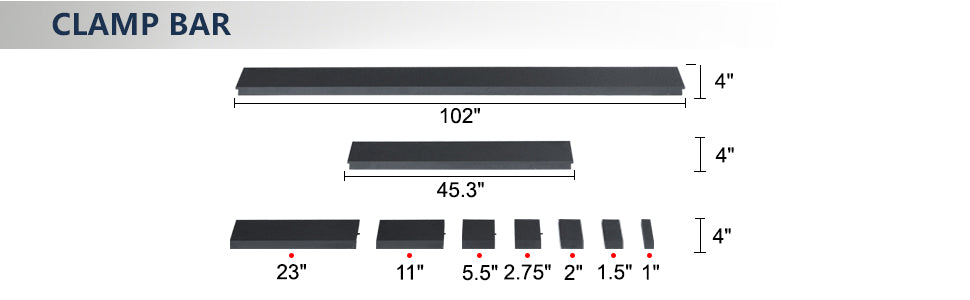 Magnetic brake clamp bar sizes diagram showing 102-inch and 45.3-inch full bars with various finger dimensions, EB-9816