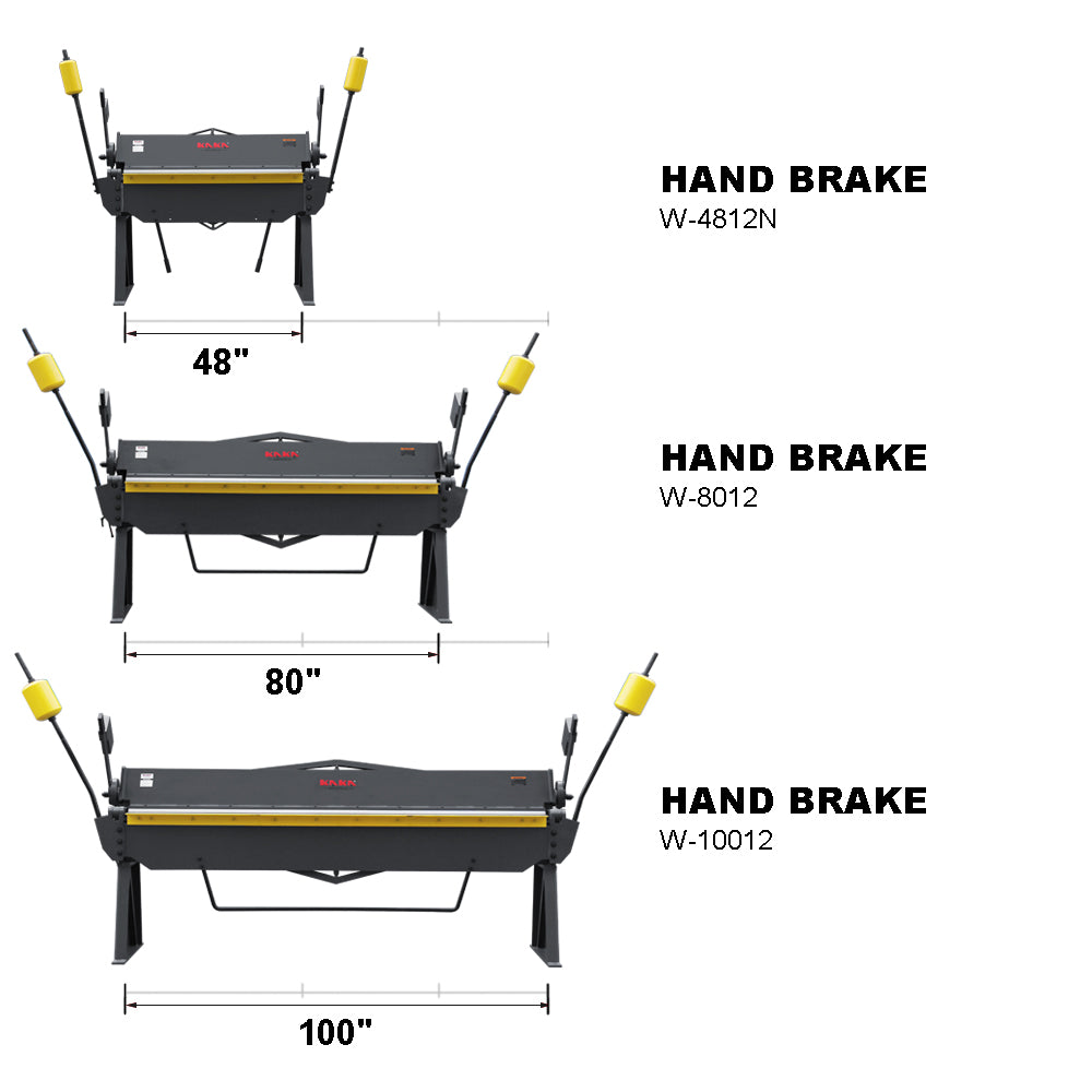 Comparison chart of 48-inch, 80-inch, and 100-inch sheet metal hand brake sizes and bending dimensions, model W-10012