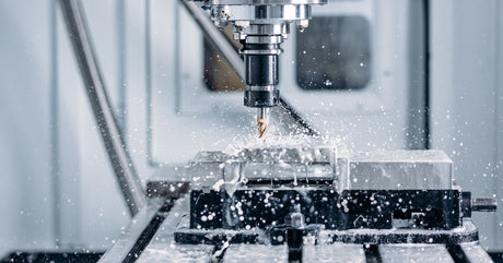 An automated CNC machine being used to cut through silver blocks of metal on a table in a fabrication shop.