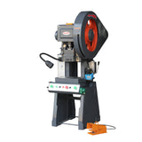 10-Ton OBI mechanical punch press front view with C-frame flywheel drive and control panel, ideal for sheet metal stamping, model JB23-10.