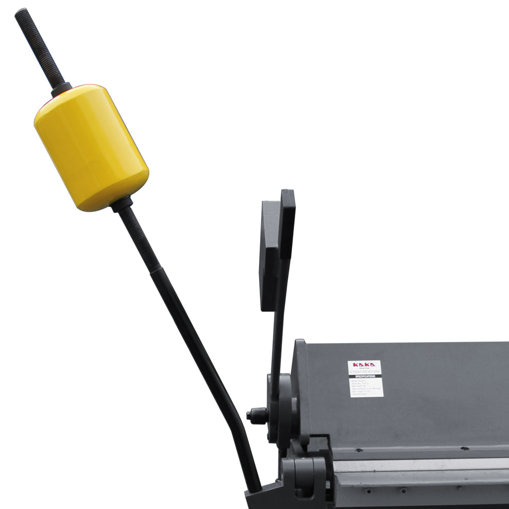 Yellow counterweight arm and locking lever mechanism detail on a 100-inch heavy-duty sheet metal hand brake, model W-10012