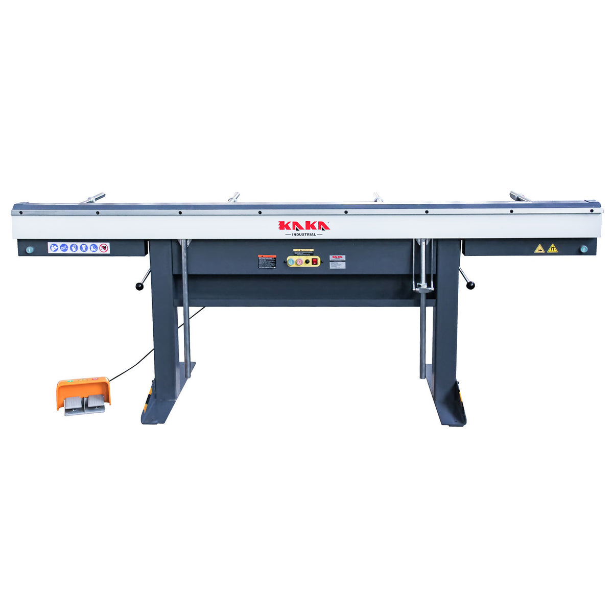 98-inch magnetic box and pan brake front view showing full width bending beam and foot pedal, EB-9816