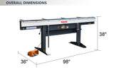 Dimensions chart of 98-inch magnetic sheet metal brake showing 98-inch width, 36-inch depth, and 38-inch height, EB-9816