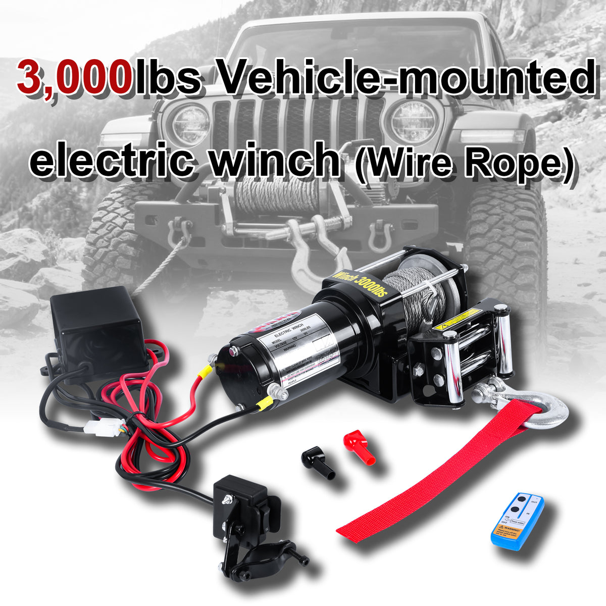 3000LB 12V Electric Winch, 0.19Inch x 30Ft Steel Wire Rope, 1.1kW Moto