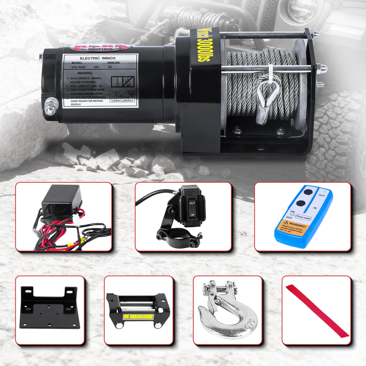 3000LB 12V Electric Winch, 0.19Inch x 30Ft Steel Wire Rope, 1.1kW Motor, 153:1 Gear Ratio, Remote Control, for ATV UTV Off-Road Recovery ATV-3000W