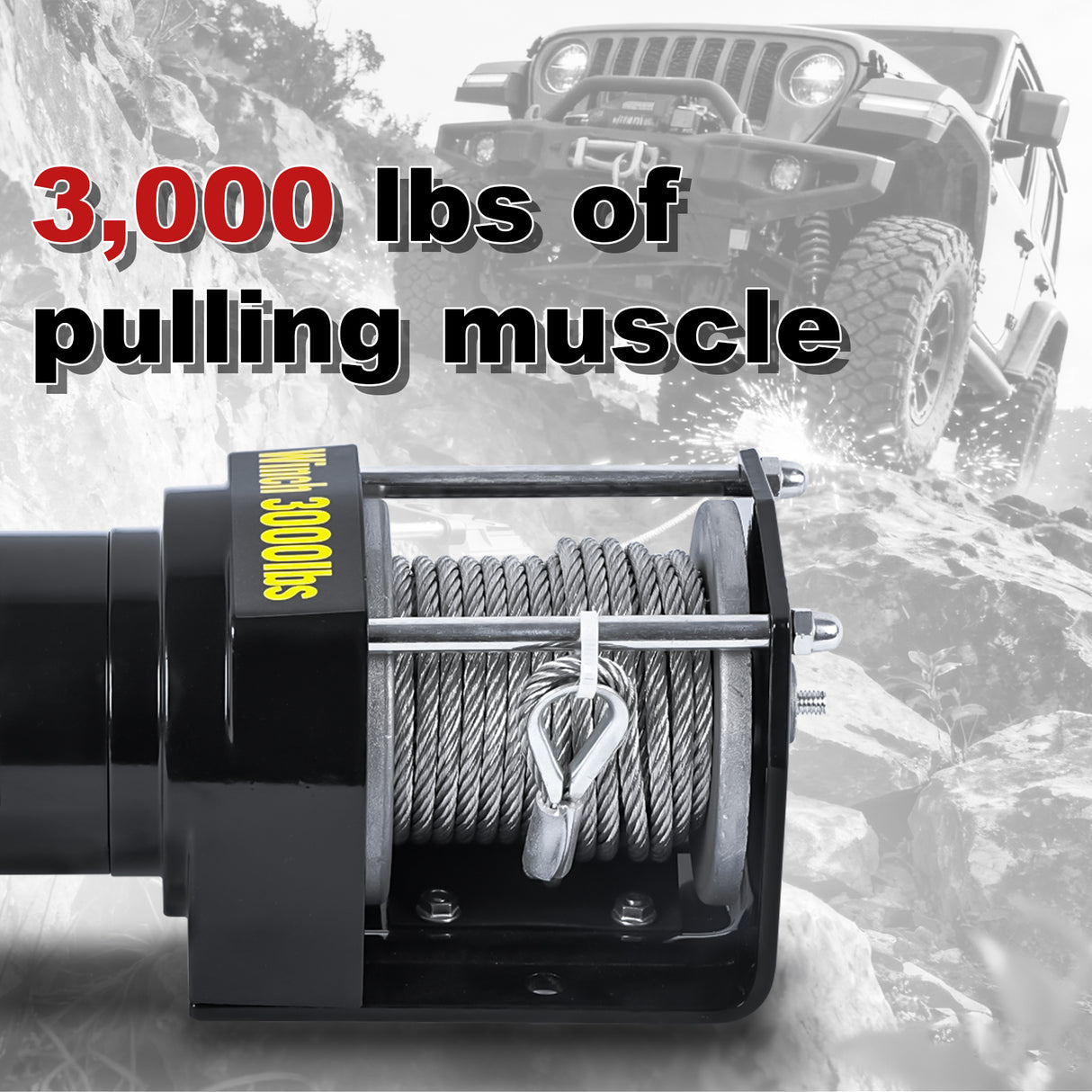 3000LB 12V Electric Winch, 0.19Inch x 30Ft Steel Wire Rope, 1.1kW Motor, 153:1 Gear Ratio, Remote Control, for ATV UTV Off-Road Recovery ATV-3000W