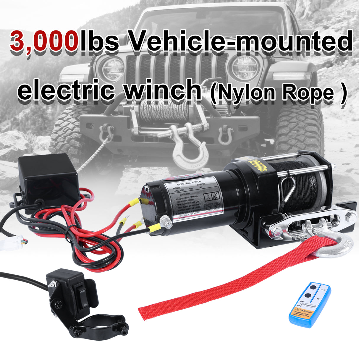3000LB 12V Electric Winch with Red Synthetic Rope, 0.19Inch x 30Ft, 1.1kW Motor, 153:1 Gear Ratio, Wireless Remote, for ATV UTV 4WD Off-Road Recovery ATV-3000S