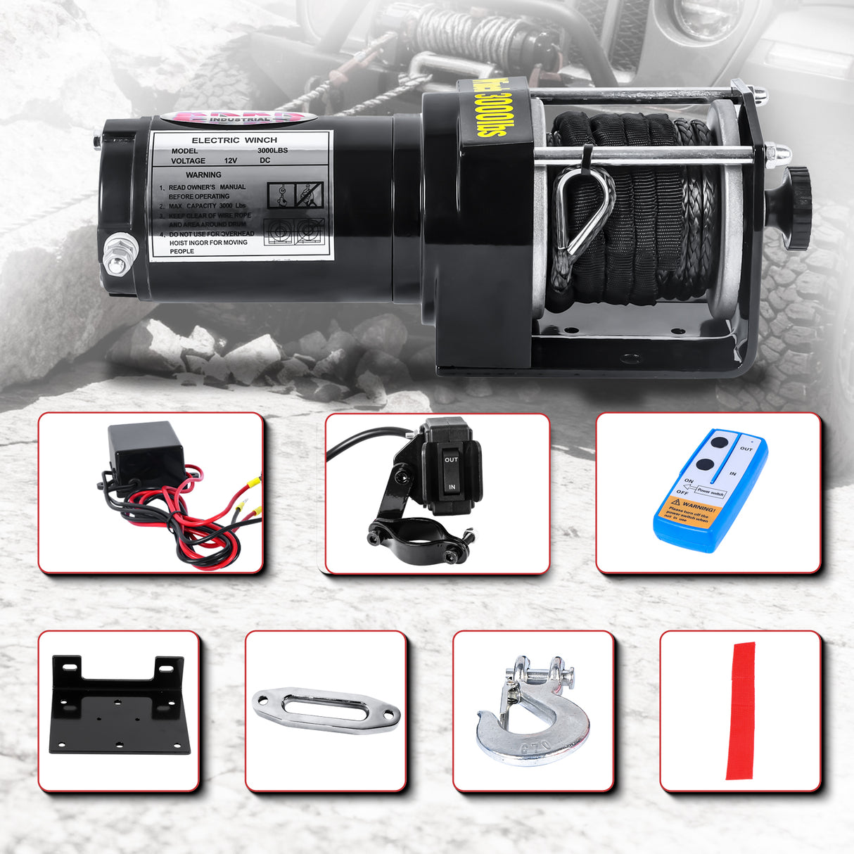 3000LB 12V Electric Winch with Red Synthetic Rope, 0.19Inch x 30Ft, 1.1kW Motor, 153:1 Gear Ratio, Wireless Remote, for ATV UTV 4WD Off-Road Recovery ATV-3000S