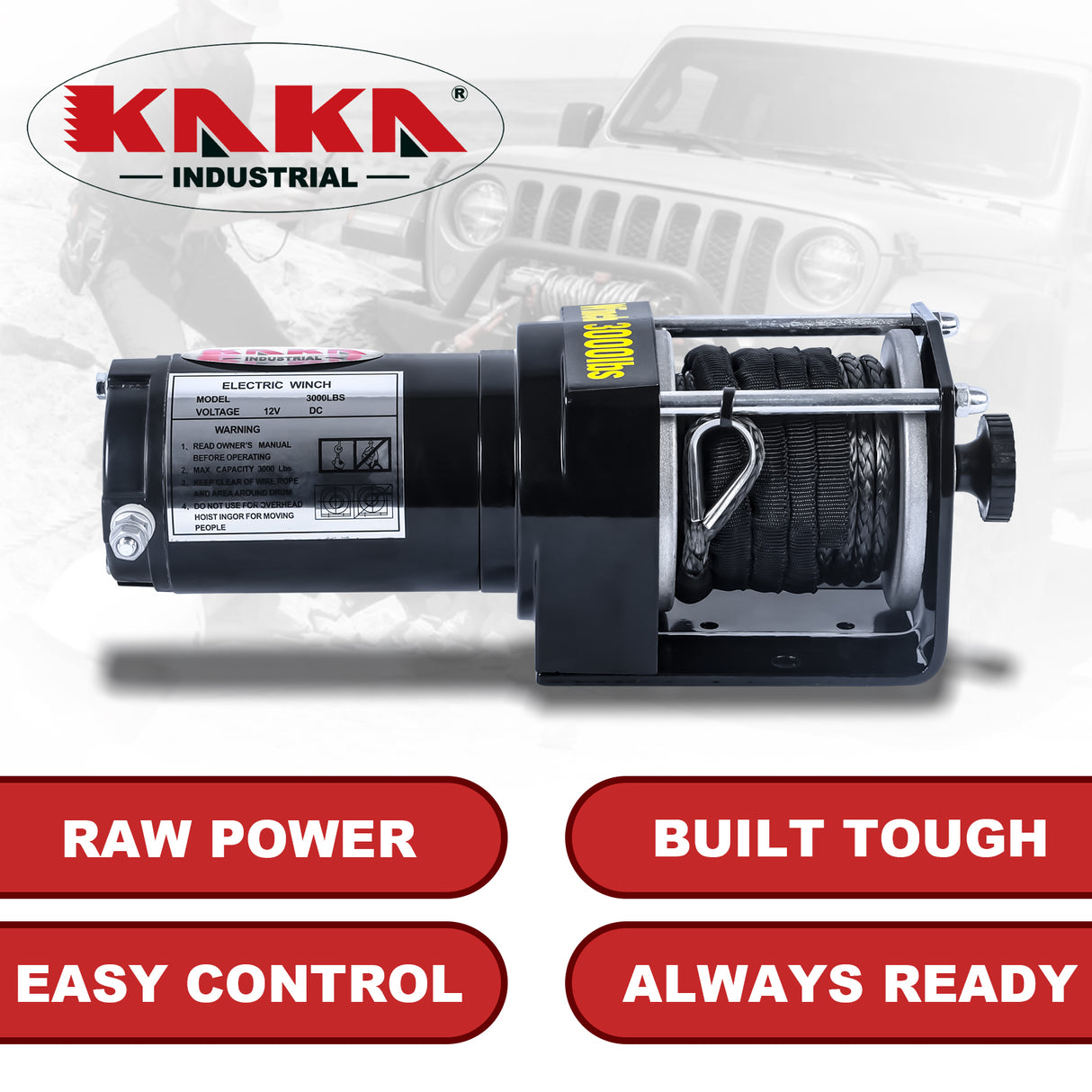 3000LB 12V Electric Winch with Red Synthetic Rope, 0.19Inch x 30Ft, 1.1kW Motor, 153:1 Gear Ratio, Wireless Remote, for ATV UTV 4WD Off-Road Recovery ATV-3000S