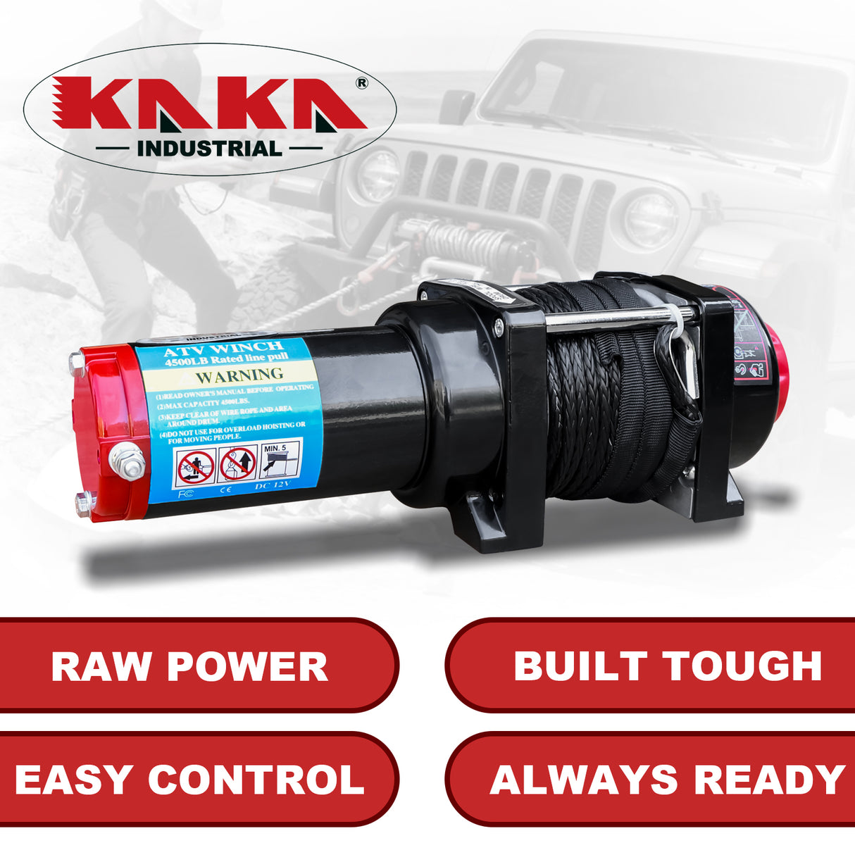 4500LB 12V Electric Winch with RED Synthetic Rope, 0.2Inch x 50Ft, 1.3kW Motor, 136:1 Gear Ratio, Wireless Remote, for 4WD UTV ATV Off-Road Recovery ATW-4500S