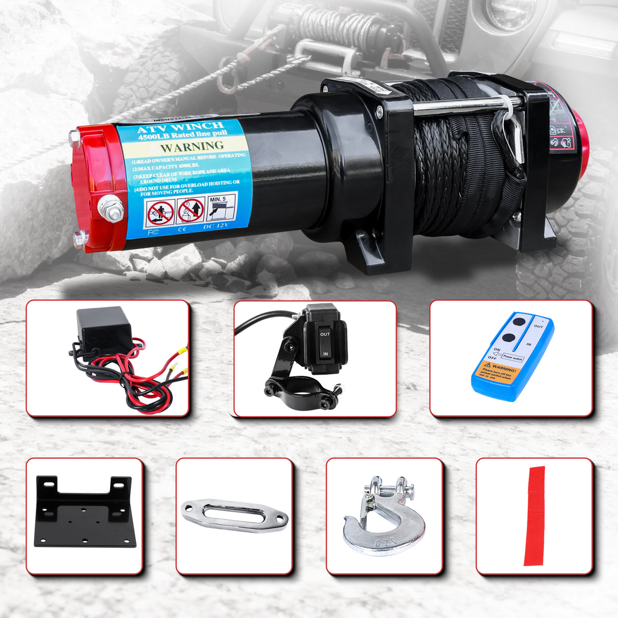 4500LB 12V Electric Winch with RED Synthetic Rope, 0.2Inch x 50Ft, 1.3kW Motor, 136:1 Gear Ratio, Wireless Remote, for 4WD UTV ATV Off-Road Recovery ATW-4500S