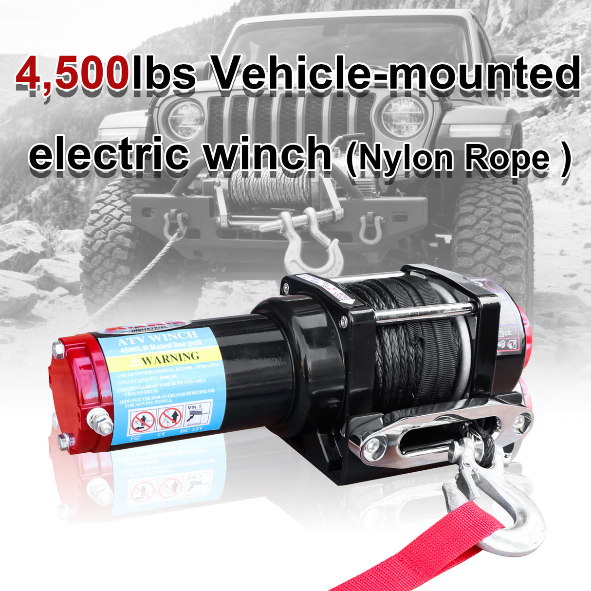 4500LB 12V Electric Winch with RED Synthetic Rope, 0.2Inch x 50Ft, 1.3kW Motor, 136:1 Gear Ratio, Wireless Remote, for 4WD UTV ATV Off-Road Recovery ATW-4500S