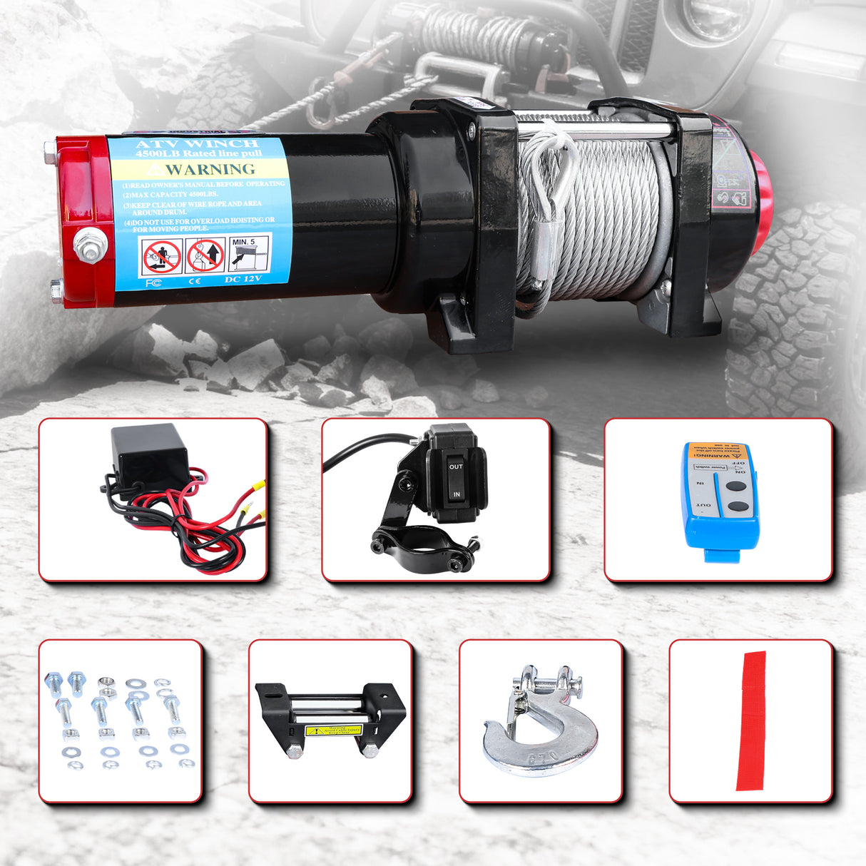 4500LB 12V Electric Winch, 4WD Recovery Winch with 0.2Inch x 50Ft Steel Wire Rope, 1.3kW Motor, 136:1 Gear Ratio, for UTV/ATV Off-Road Vehicle Recovery ATW-4500W