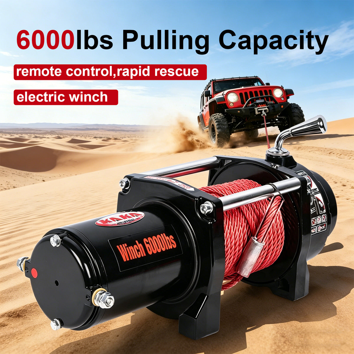 6000LB 12V Electric Winch with Red Synthetic Rope, 0.28Inch x 55.8Ft, 2.8kW Motor, 170:1 Gear Ratio, Wireless Remote, for 4x4 Off-Road Truck Jeep SUV Recovery ATW-6000S