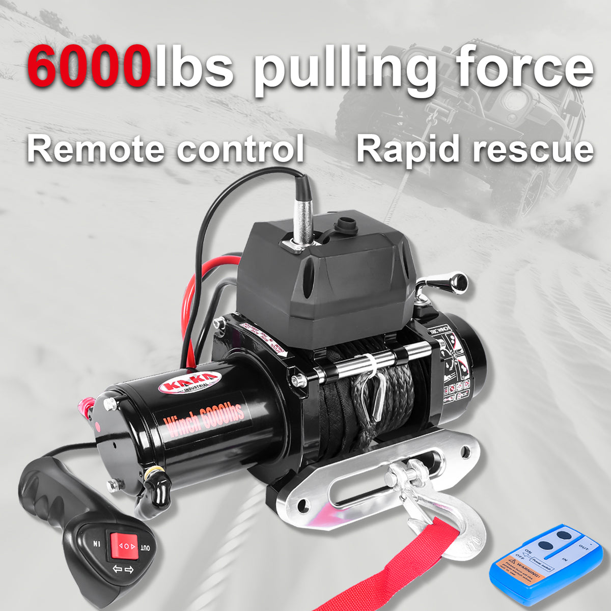 6000LB 12V Electric Winch with Red Synthetic Rope, 0.28Inch x 55.8Ft, 2.8kW Motor, 170:1 Gear Ratio, Wireless Remote, for 4x4 Off-Road Truck Jeep SUV Recovery ATW-6000S