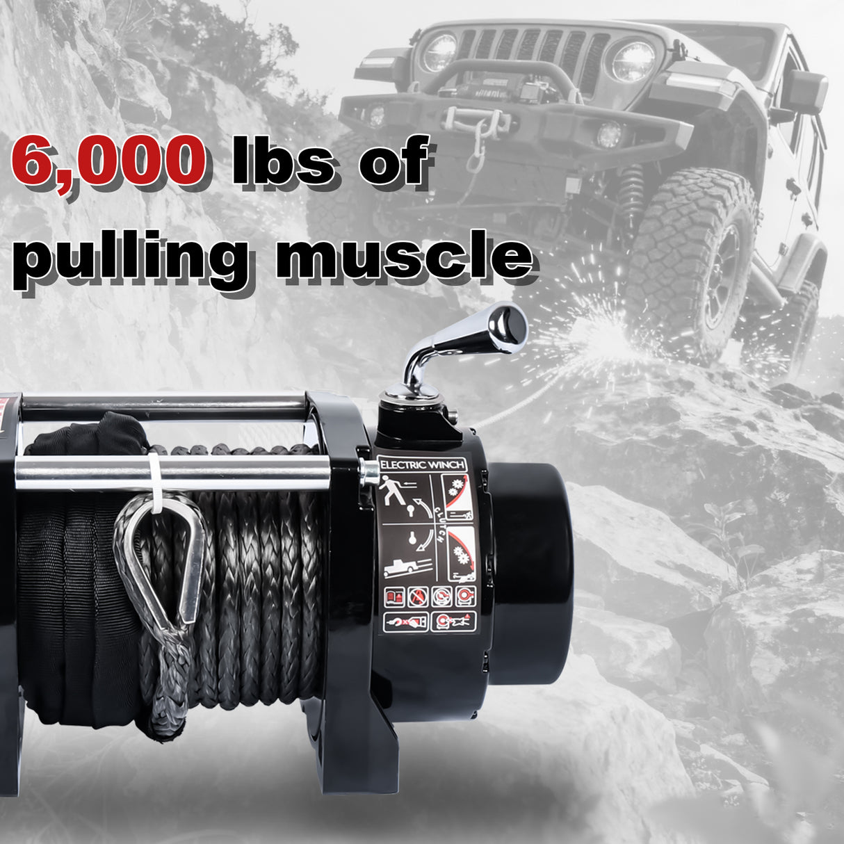 6000LB 12V Electric Winch with Synthetic Rope, 0.28Inch x 55.8Ft, 2.8kW Motor, 170:1 Gear Ratio, Wireless Remote, for 4x4 Off-Road Truck Jeep SUV Recovery ATW-6000S