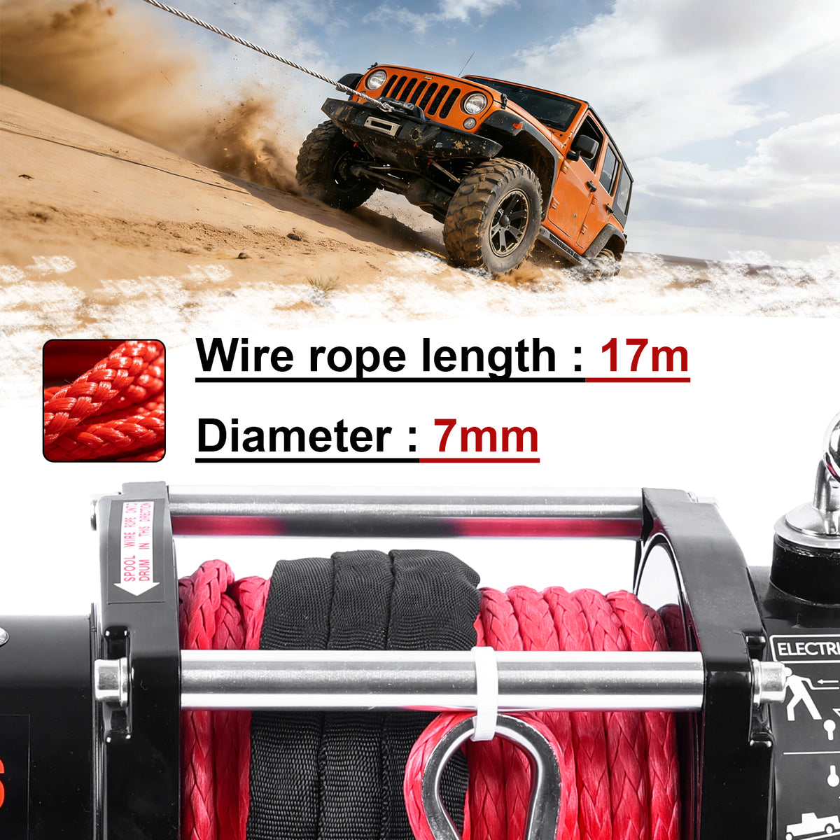 6000LB 12V Electric Winch with Red Synthetic Rope, 0.28Inch x 55.8Ft, 2.8kW Motor, 170:1 Gear Ratio, Wireless Remote, for 4x4 Off-Road Truck Jeep SUV Recovery ATW-6000S