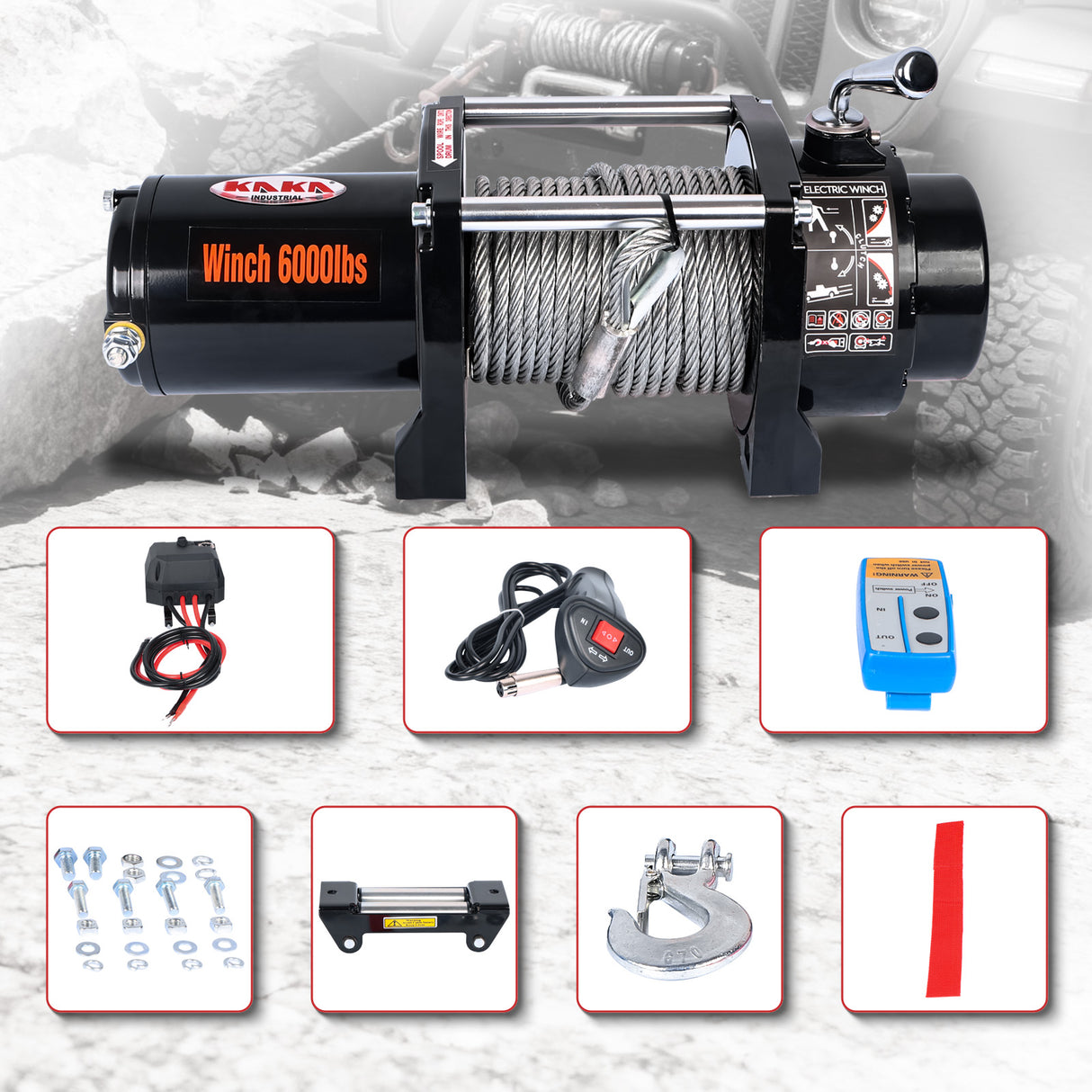 6000LB 12V Electric Winch, 4WD Recovery Winch with 0.275Inch x 55.8Ft Steel Wire Rope, 2.8kW Motor, 170:1 Gear Ratio, Automatic Load-Holding Brake, for UTV/ATV Off-Road Vehicle Recovery ATW-6000W