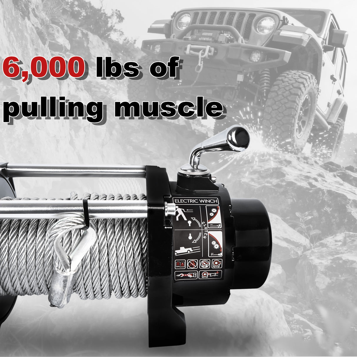 6000LB 12V Electric Winch, 4WD Recovery Winch with 0.275Inch x 55.8Ft Steel Wire Rope, 2.8kW Motor, 170:1 Gear Ratio, Automatic Load-Holding Brake, for UTV/ATV Off-Road Vehicle Recovery ATW-6000W