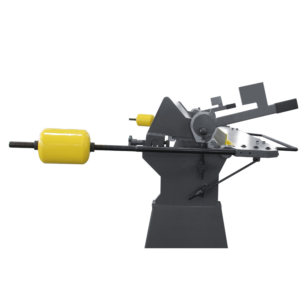 sheet metal brake side view showing yellow balanced counterweights for reducing fatigue and effort W-10012A