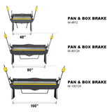 Box and Pan Brake size comparison chart showing 48-inch, 80-inch, and 100-inch floor models W-10012A