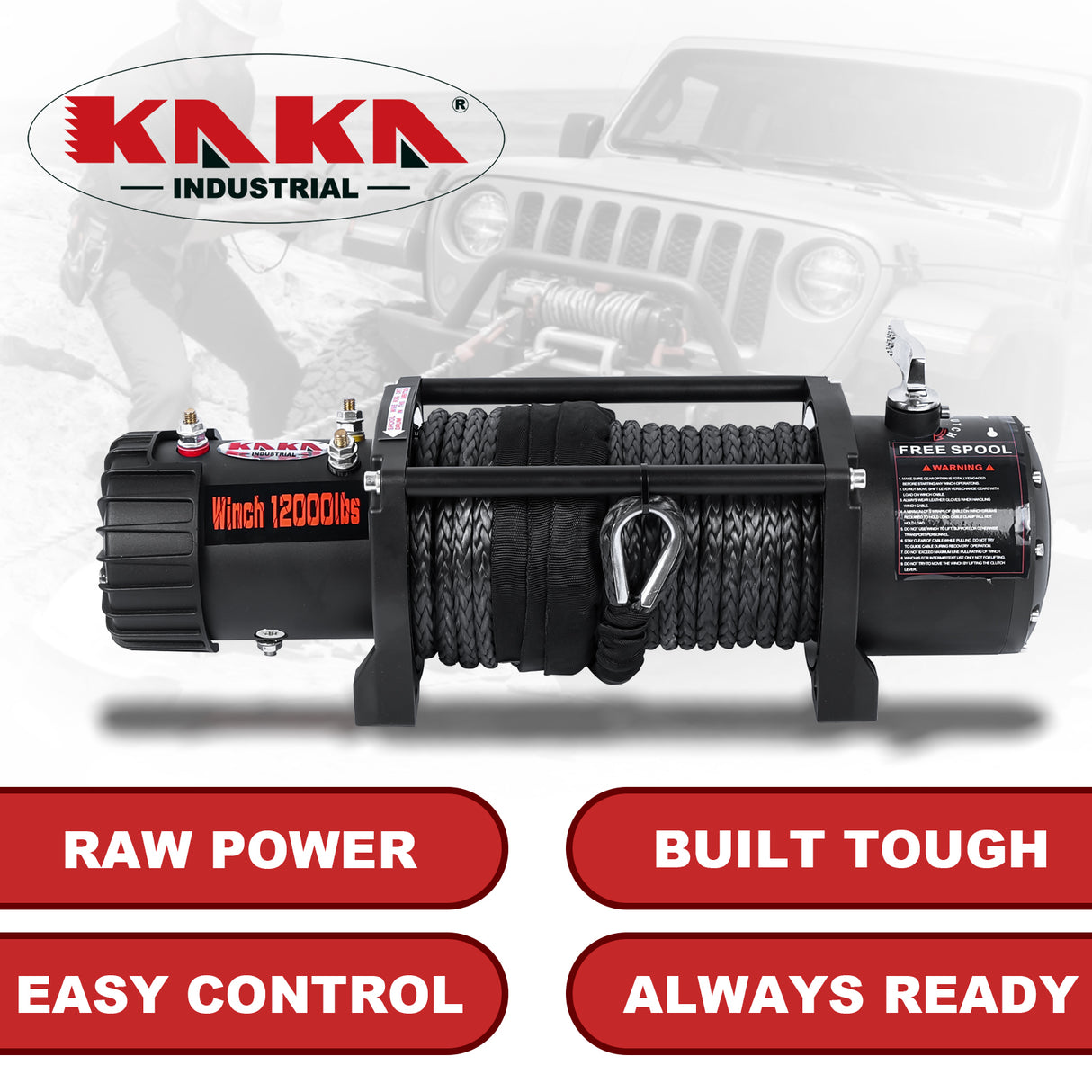 12000LB 12V Synthetic Rope Winch, 0.4Inch x 85Ft Red Winch Line, 3.2kW Motor, 265:1 Gear Ratio, Wireless Remote, for 4x4 Truck Jeep UTV Off-Road Recovery CW-12000N