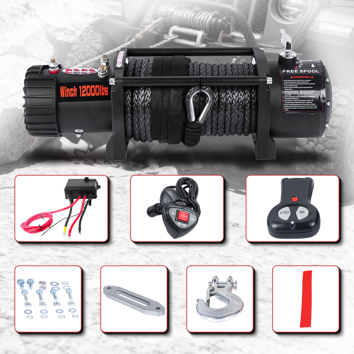 12000LB 12V Synthetic Rope Winch, 0.4Inch x 85Ft Red Winch Line, 3.2kW Motor, 265:1 Gear Ratio, Wireless Remote, for 4x4 Truck Jeep UTV Off-Road Recovery CW-12000N