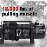 12000LB 12V Synthetic Rope Winch, 0.4Inch x 85Ft Red Winch Line, 3.2kW Motor, 265:1 Gear Ratio, Wireless Remote, for 4x4 Truck Jeep UTV Off-Road Recovery CW-12000N
