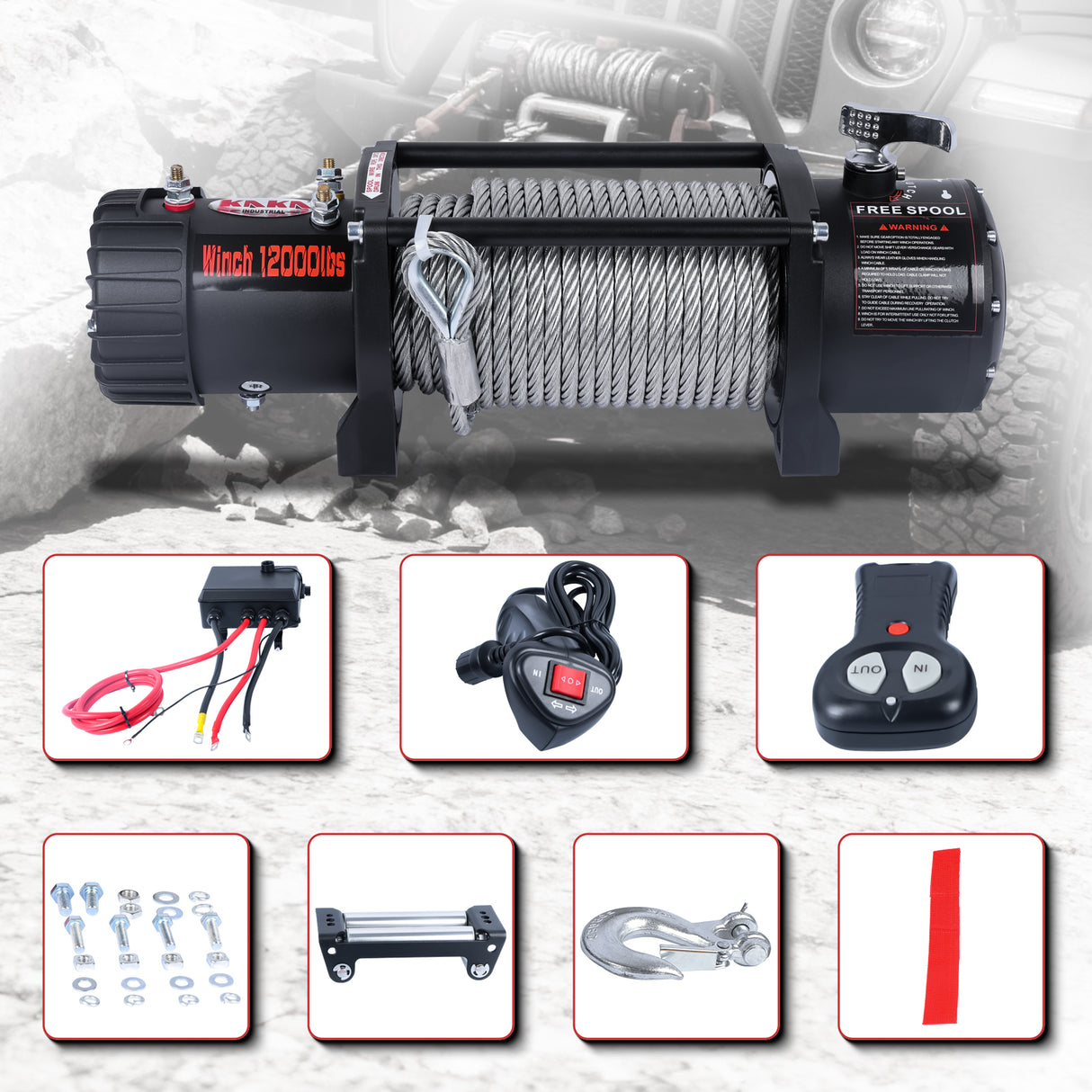 12000LB 12V Electric Winch, 4WD Recovery Winch with 0.4Inch x 85Ft Steel Wire Rope, 3.2kW Motor, 265:1 Gear Ratio, Automatic Brake, for Off-Road Truck Jeep SUV Recovery CW-12000S