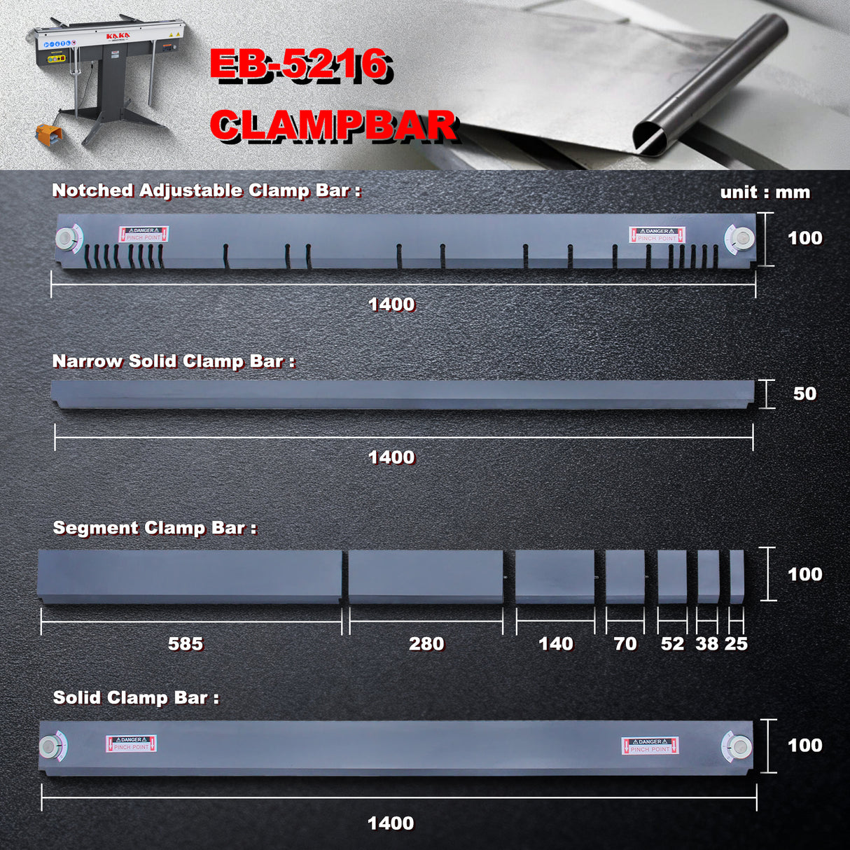 Sheet Metal Brake, 52-Inch Magnetic Box and Pan Brake, 6.5-Ton 16-Ga Capacity Powerful Electric Bending Brake, Metal Break with Foot Pedal Control 220V-1PH, Includes Clamp Bars EB-5216