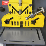 KAKA INDUSTRIAL M-60 heavy angle shear station close-up with V-blade and adjustment knobs, cutting 4x4 inch steel pieces
